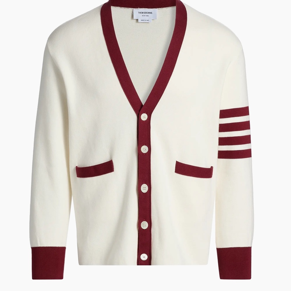 Thom Browne Cream and Red Collar Cardigan